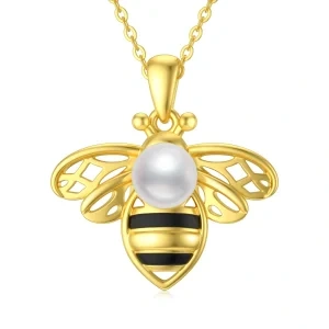 Sterling Silver Two-tone Bee Pendant Necklace With Pearl-0