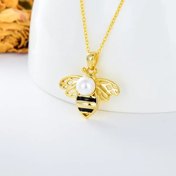 Sterling Silver Two-tone Bee Pendant Necklace With Pearl-3