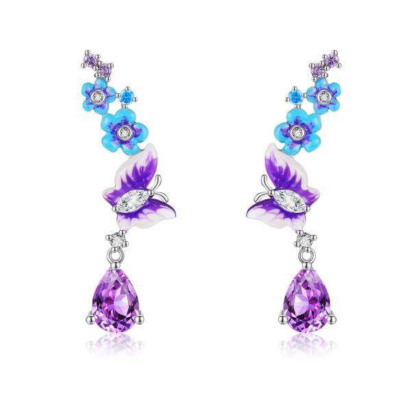 Sterling Silver Enamel Flower & Butterfly Ear Climber-0