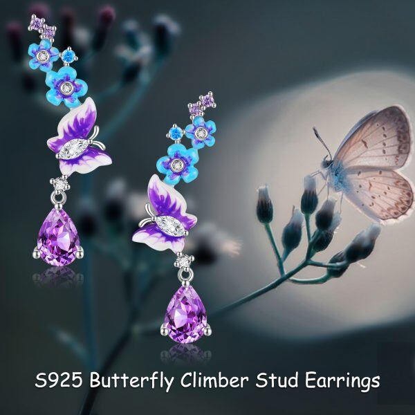 Sterling Silver Enamel Flower & Butterfly Ear Climber-2