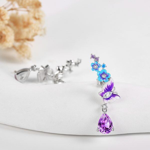 Sterling Silver Enamel Flower & Butterfly Ear Climber-5