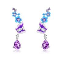 wholesale 925 Sterling Silver Butterfly & Flower Drop Dangle Stud Earring Set- Rhodium Plated