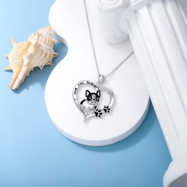 Sterling Silver French Bulldog Heart Pendant Necklace-4