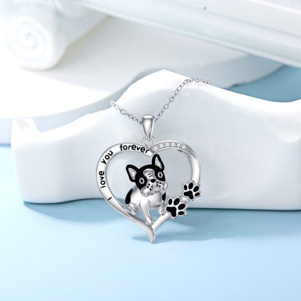 Sterling Silver French Bulldog Heart Pendant Necklace-5