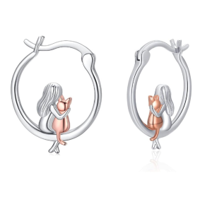 Sterling Silver Girl And Cat Hoop Earrings-0