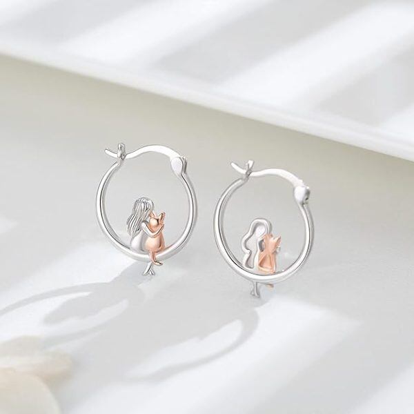 Sterling Silver Girl And Cat Hoop Earrings-1