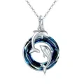 wholesale 925 Sterling Silver Blue Austrian Crystal Double Dolphins Pendant Necklace with Gift Box-0-0