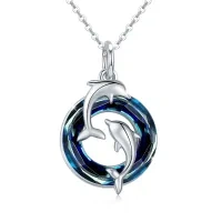 wholesale 925 Sterling Silver Blue Austrian Crystal Double Dolphins Pendant Necklace with Gift Box- Rhodium Plated