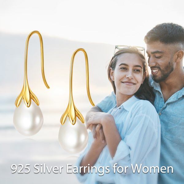 Sterling Silver With Gold Plated Pearl Drop Dangle Earrings-2