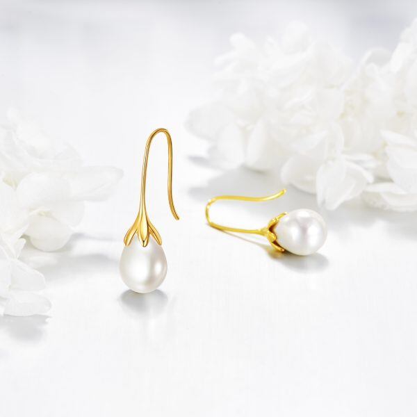 Sterling Silver With Gold Plated Pearl Drop Dangle Earrings-4