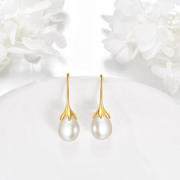 Sterling Silver With Gold Plated Pearl Drop Dangle Earrings-5