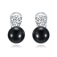 wholesale Silver 925 Sterling Silver with Black Pearls and Cubic Zirconia Studs - Elegant Valentine's Day Jewelry for Women- White Gold Rhodium Plated