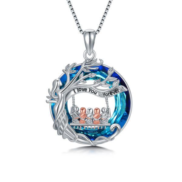 Sterling Silver Family Tree of Life Pendant Necklace With Blue Crystal-0