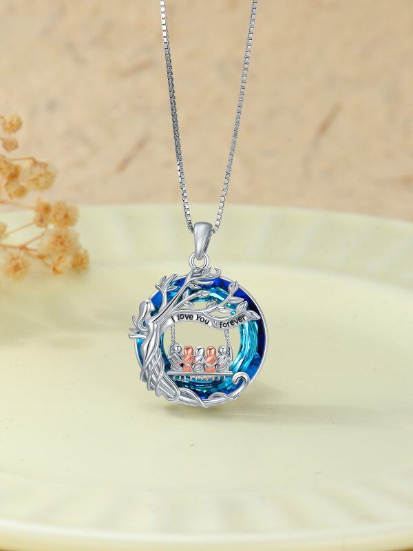 Sterling Silver Family Tree of Life Pendant Necklace With Blue Crystal-5