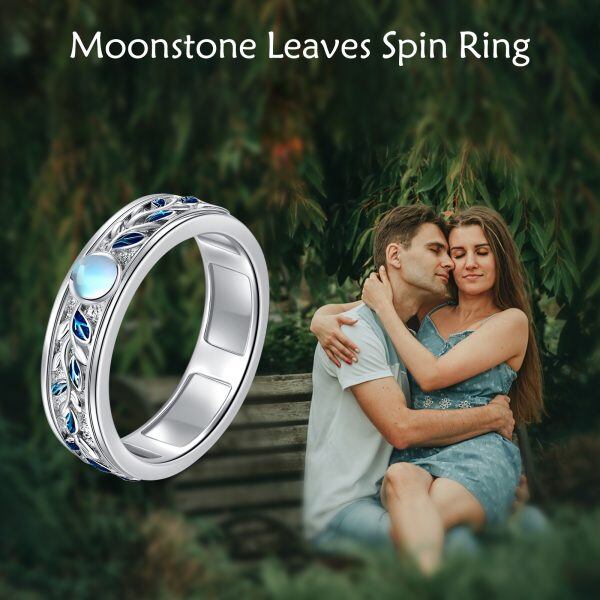 Sterling Silver Leaf Moonstone Spinner Rings-2