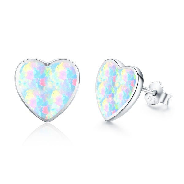 Sterling Silver Opal Heart Stud Earrings-0