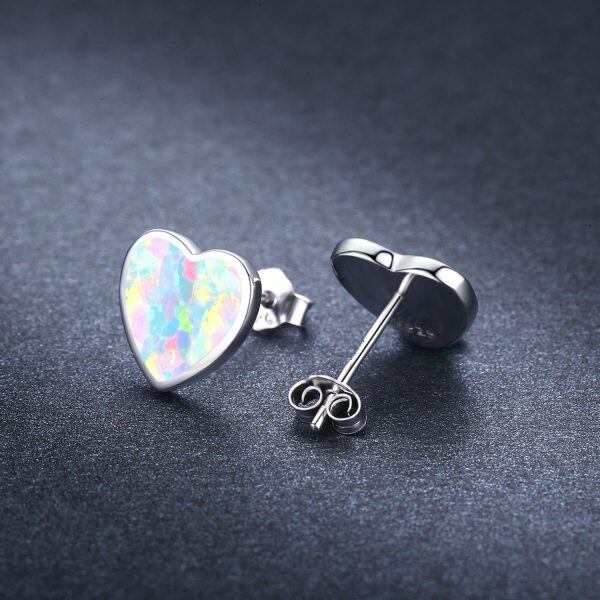 Sterling Silver Opal Heart Stud Earrings-4