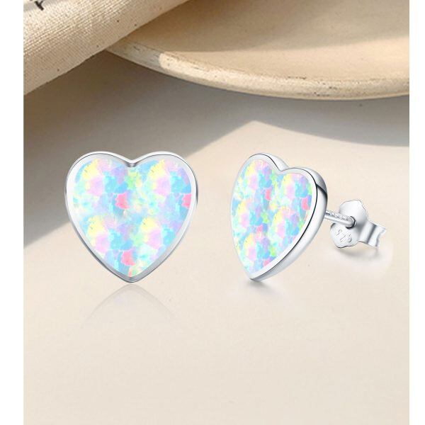 Sterling Silver Opal Heart Stud Earrings-5