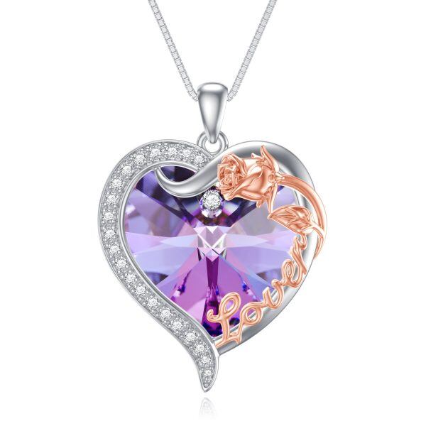 Sterling Silver Rose Heart Crystal Pendant Necklace -0