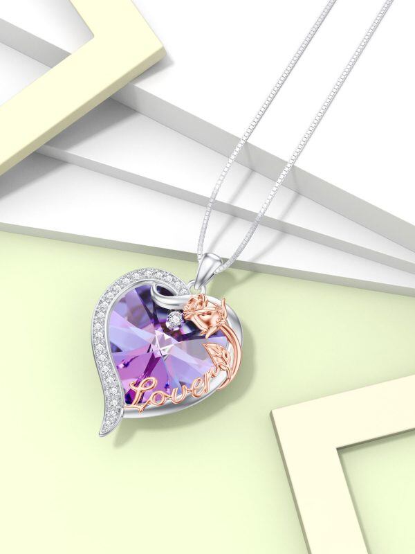 Sterling Silver Rose Heart Crystal Pendant Necklace -4