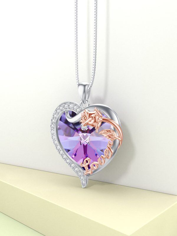 Sterling Silver Rose Heart Crystal Pendant Necklace -5