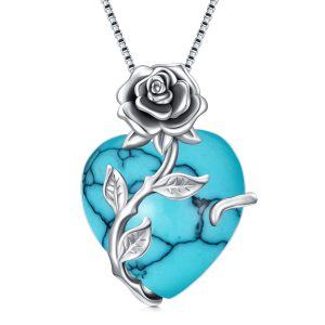 Sterling Silver Rose Pendant Necklace With December Birthstone Turquoise-0