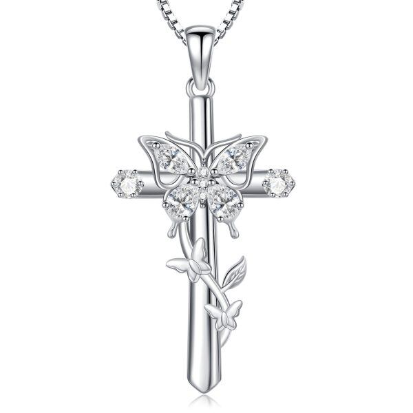 Sterling Silver Butterfly Cross Pendant Necklace-0