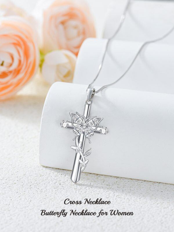 Sterling Silver Butterfly Cross Pendant Necklace-4