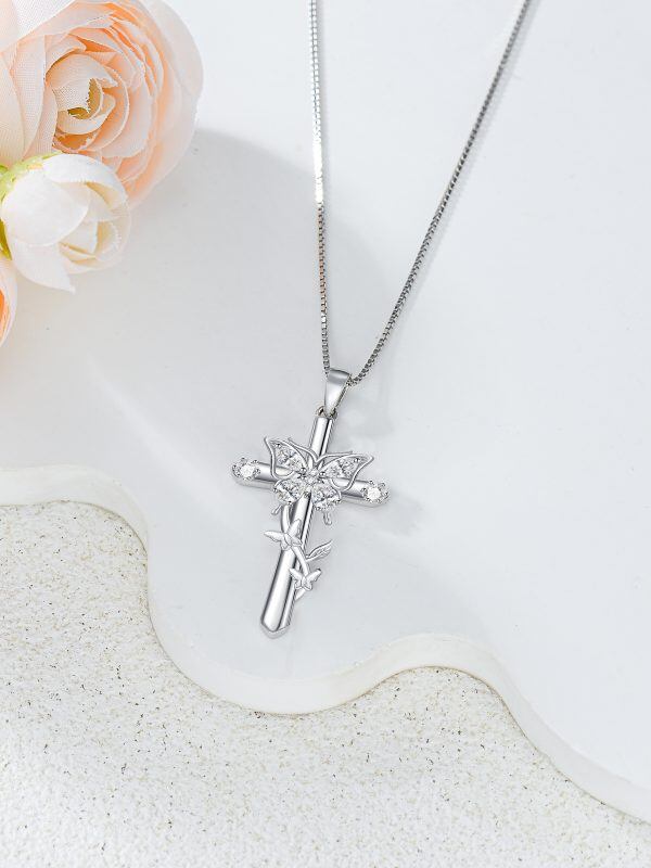 Sterling Silver Butterfly Cross Pendant Necklace-5