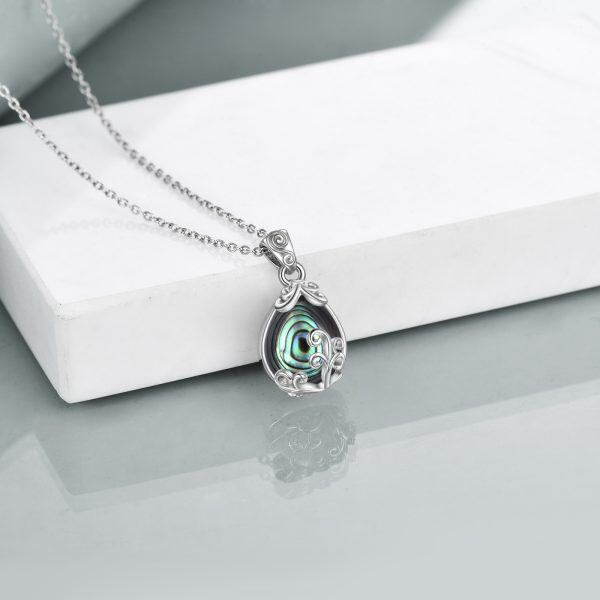 Sterling Silver Abalone Shell Filigree Teardrop Pendant Necklace-5