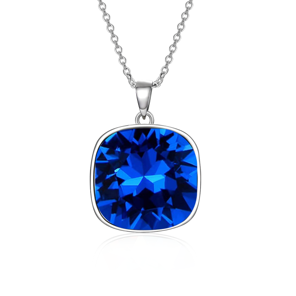 Sterling Silver Square Blue Crystal Pendant Necklace-0