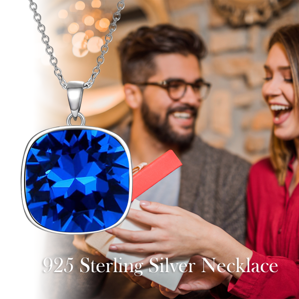 Sterling Silver Square Blue Crystal Pendant Necklace-2