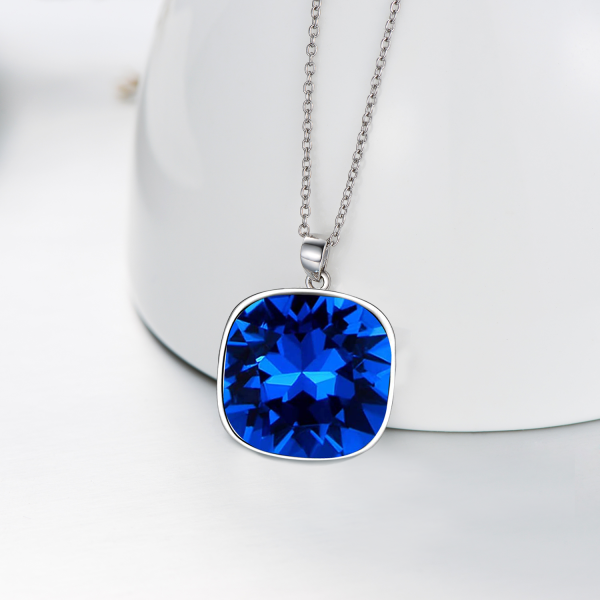 Sterling Silver Square Blue Crystal Pendant Necklace-4