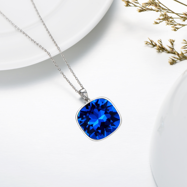 Sterling Silver Square Blue Crystal Pendant Necklace-5