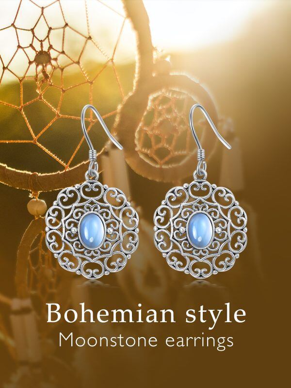 Sterling Silver Filigree Moonstone Drop Dangle Earrings-3