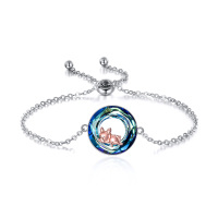 wholesale 925 Sterling Silver Blue Crystal French Bulldog Charm Adjustable Bracelet for Women and Girls- Two Tone