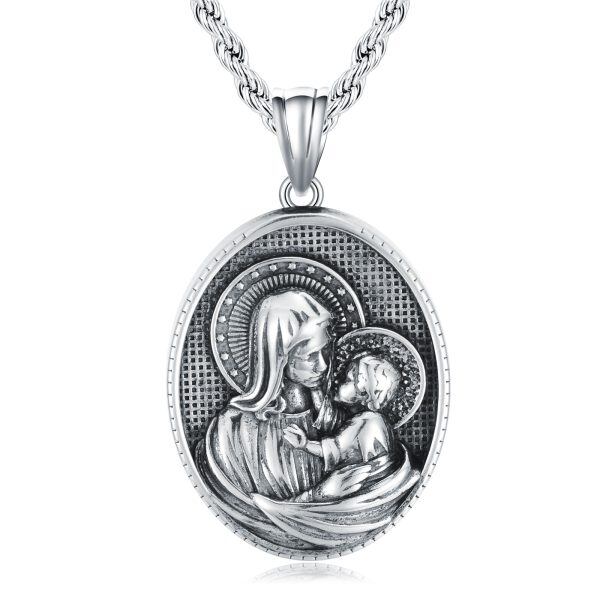 Sterling Silver Virgin Mary and Jesus Medal Pendant Necklaces With Stainless Steel Chain-0