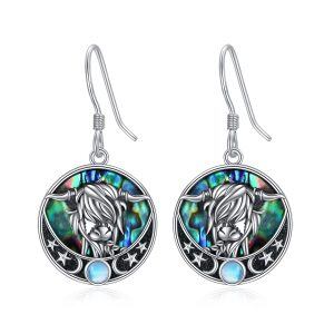 Sterling Silver Highland Cow Drop Dangle Earrings With Moonstone & Abalone Shell-0