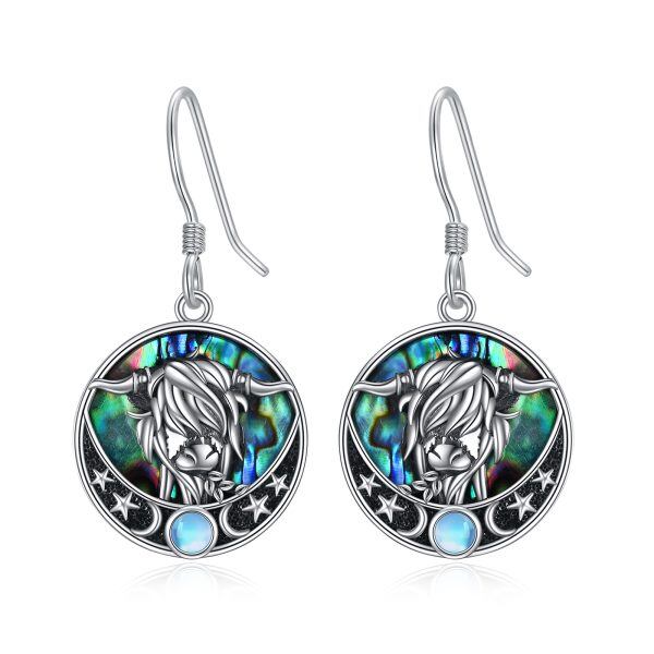 Sterling Silver Highland Cow Drop Dangle Earrings With Moonstone & Abalone Shell-0