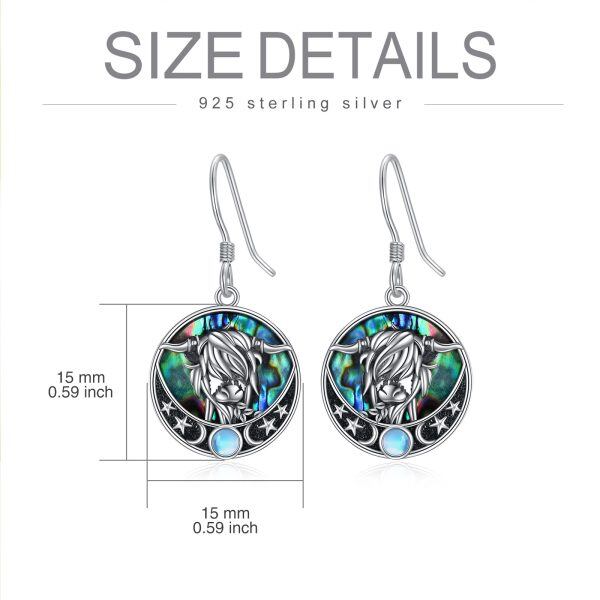 Sterling Silver Highland Cow Drop Dangle Earrings With Moonstone & Abalone Shell-1