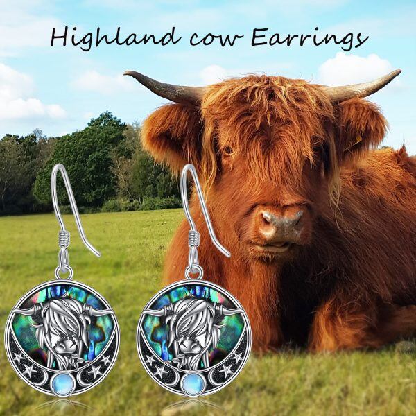 Sterling Silver Highland Cow Drop Dangle Earrings With Moonstone & Abalone Shell-2