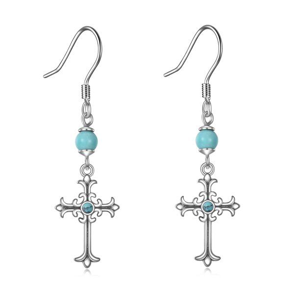 Sterling Silver Cross Turquoise Drop Dangle Earrings-0