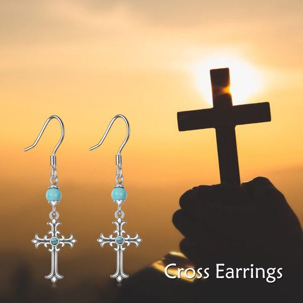 Sterling Silver Cross Turquoise Drop Dangle Earrings-2