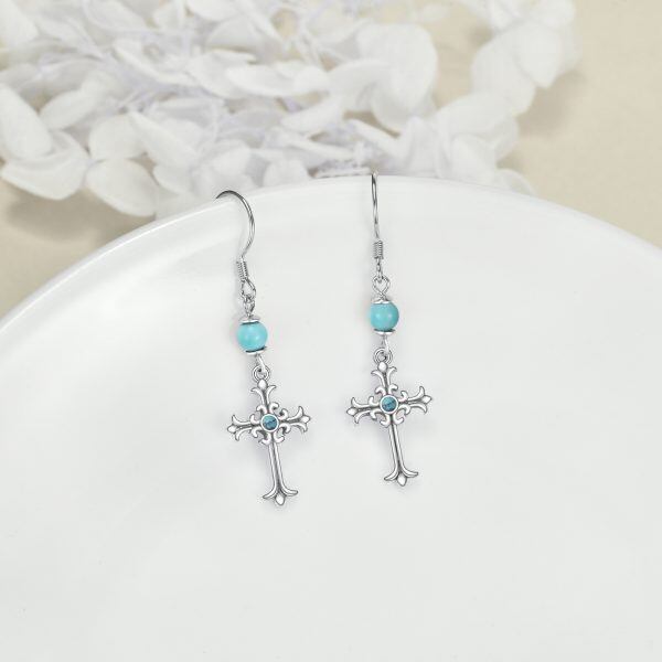 Sterling Silver Cross Turquoise Drop Dangle Earrings-4