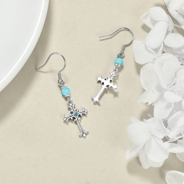 Sterling Silver Cross Turquoise Drop Dangle Earrings-5