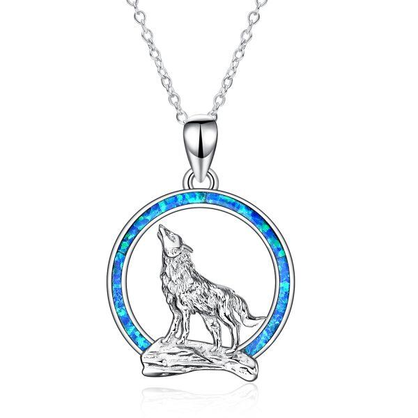 Sterling Silver Opal Moon Wolf Pendant Necklace-0