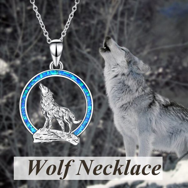 Sterling Silver Opal Moon Wolf Pendant Necklace-2