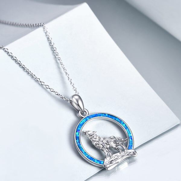 Sterling Silver Opal Moon Wolf Pendant Necklace-4