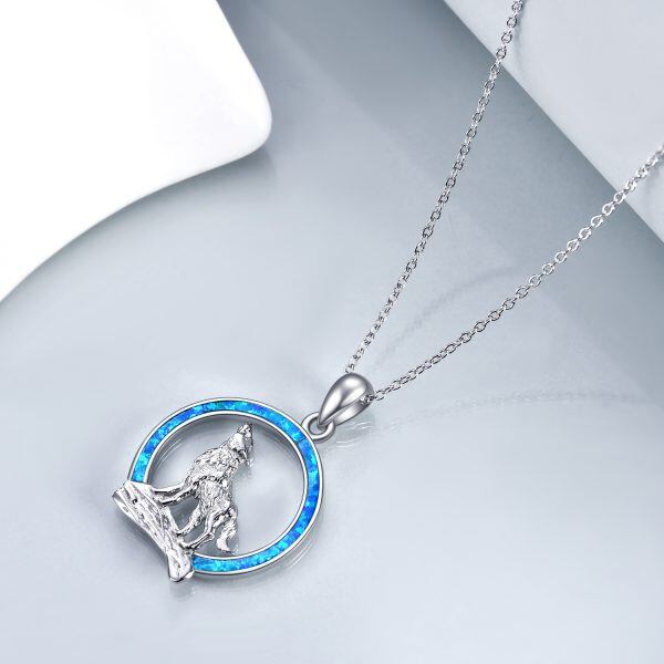 Sterling Silver Opal Moon Wolf Pendant Necklace-5