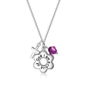 Sterling Silver "I Am a Child of God" Pendant Necklaces With Purple Crystal-0